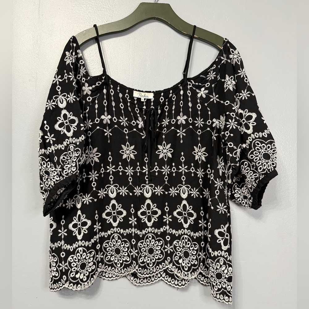 #9)  Parker Black and White Embroidered Blouse